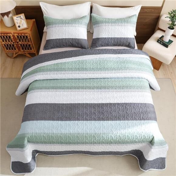 California King Quilt Set Sage Green - Cal King Oversized Stripe Comforter - Picture 3 of 16